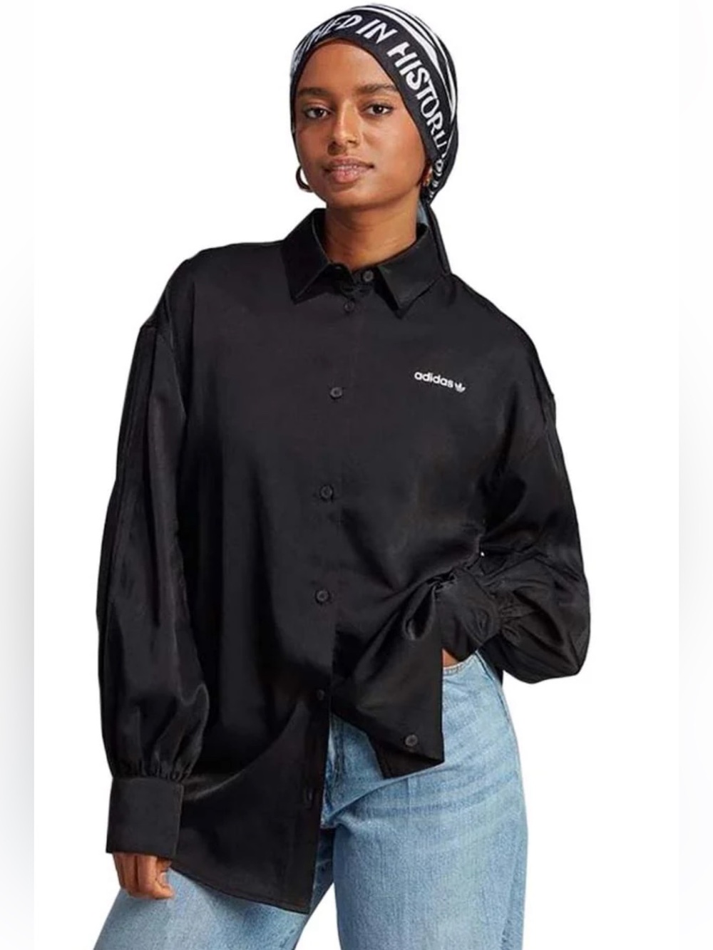 adidas Black Long-Sleeve Button Down Shirt with Three-Stripe Sleeves